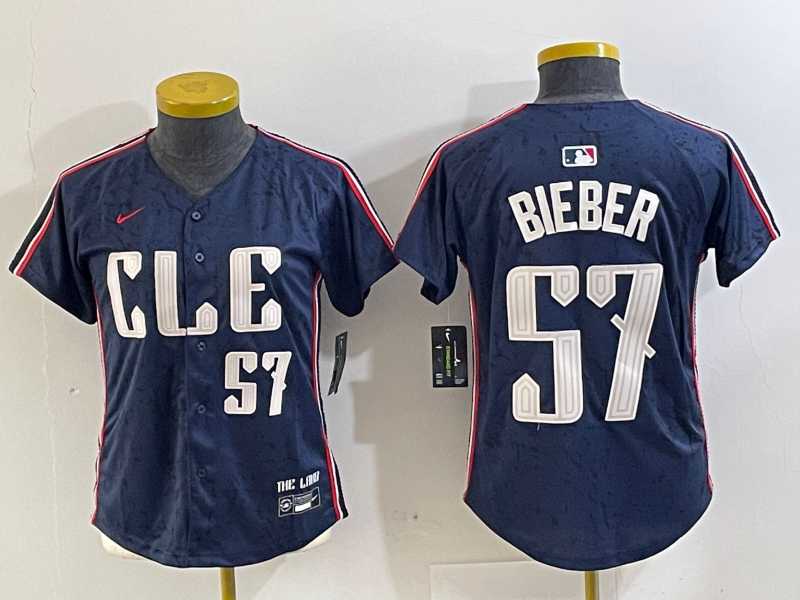 Women%27s Cleveland Guardians #57 Shane Bieber Number Navy 2024 City Connect Limited Stitched Jersey